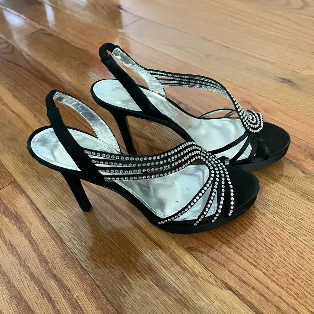 Touch of Nina Genassi LS Rhinestone Slingback Heels Black Satin Peep Toe 6.5 M